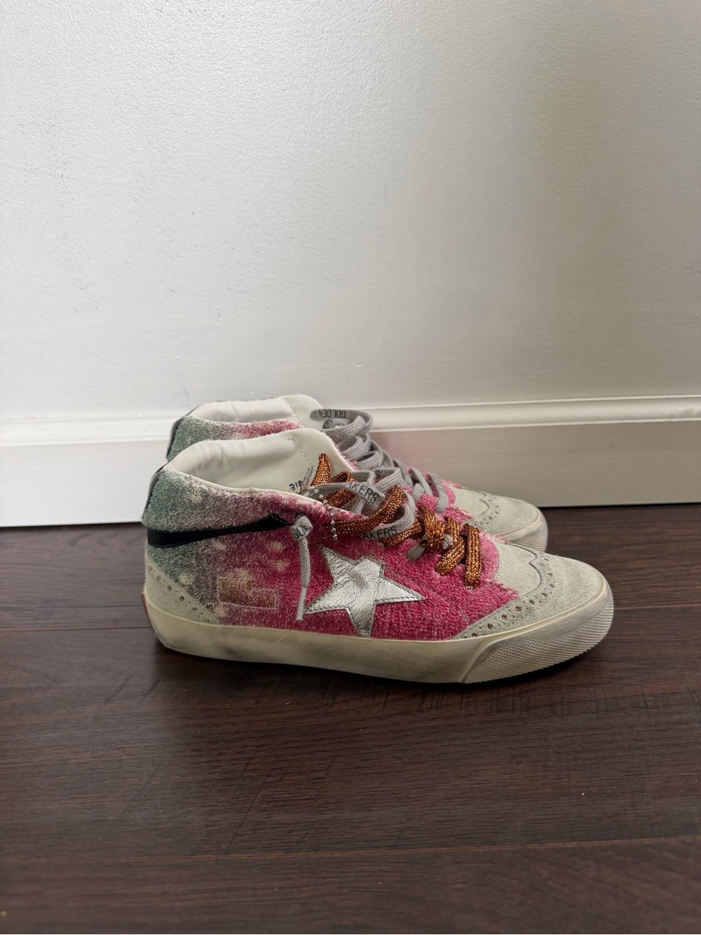 Golden Goose Pink and White High-Top Sneakers with Star Detail
